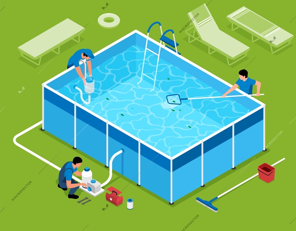 Isometric swimming pool cleaning composition with view of maintenance works of summer pool with cleanup workers vector illustration