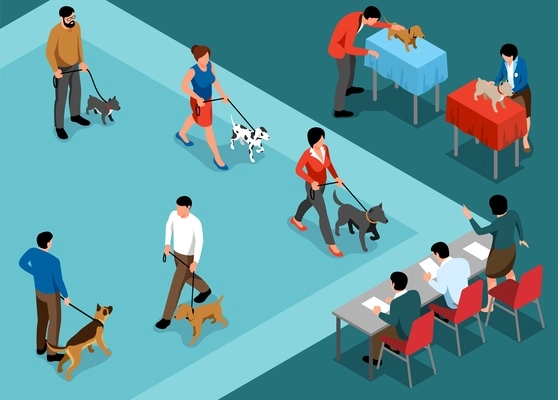 Isometric dog show horizontal composition with showcase venue where people walking dogs in front of judges vector illustration