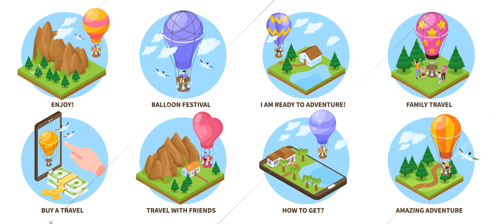 Isometric hot air balloon concept set and mobile travel applications isolated vector illustration