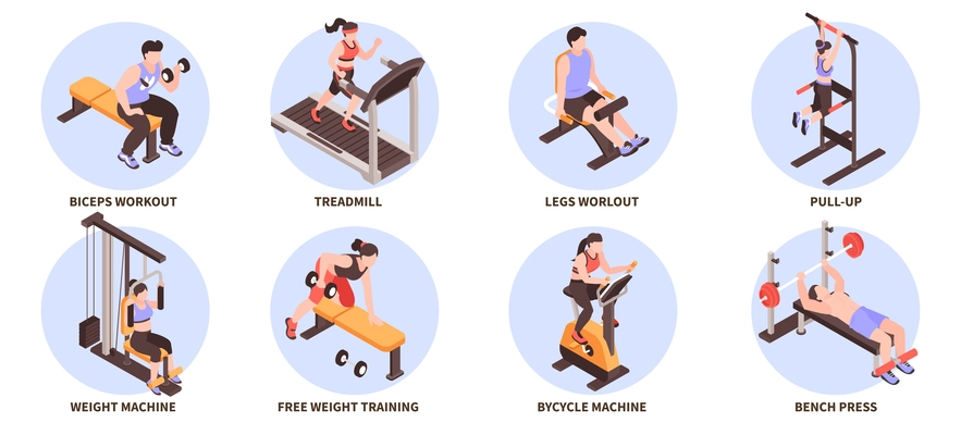 Isometric gym fitness compositions set with people doing free weight training isolated vector illustration
