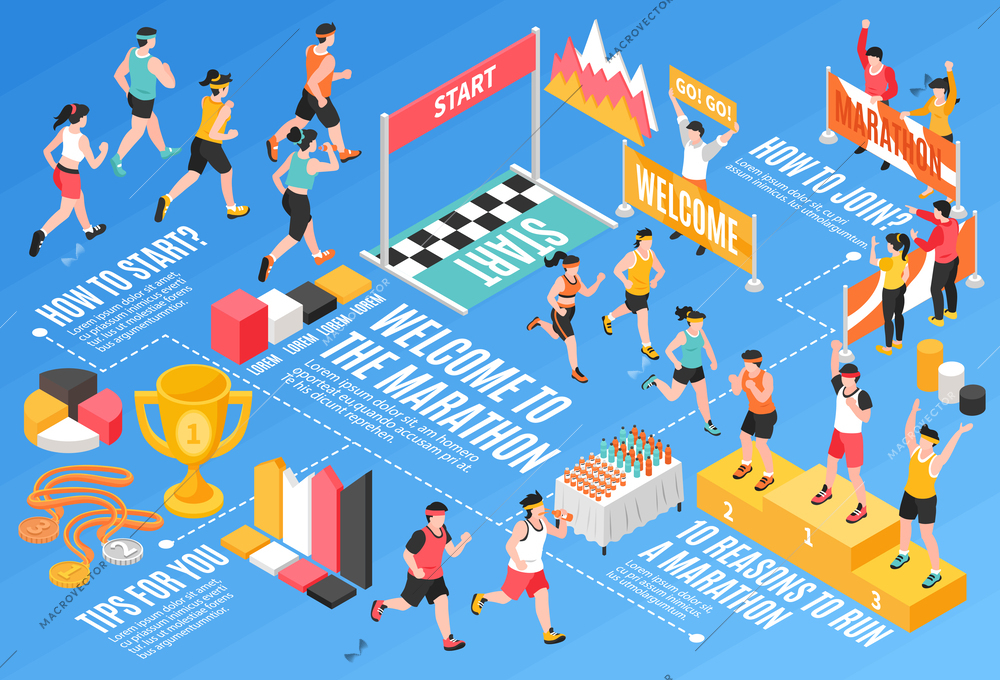 Isometric running marathon flowchart with award cup and winner podium vector illustration