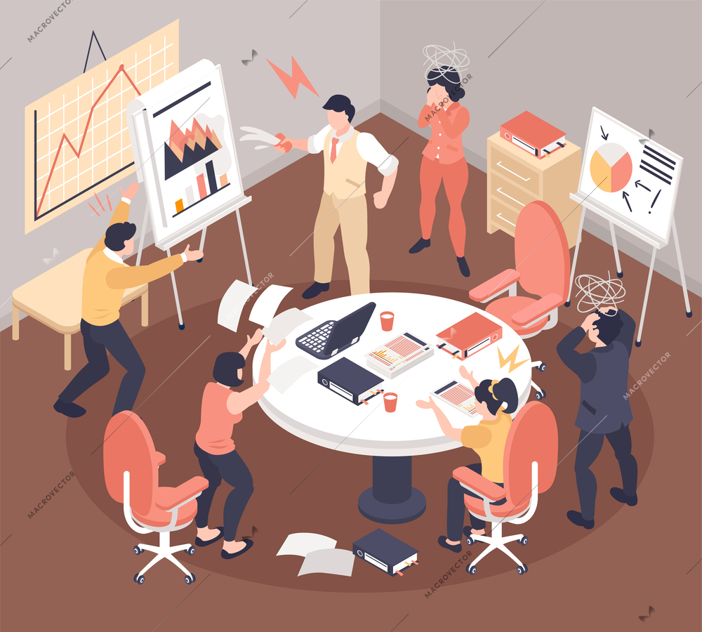 Isometric team conflict concept with business people arguing during presentation