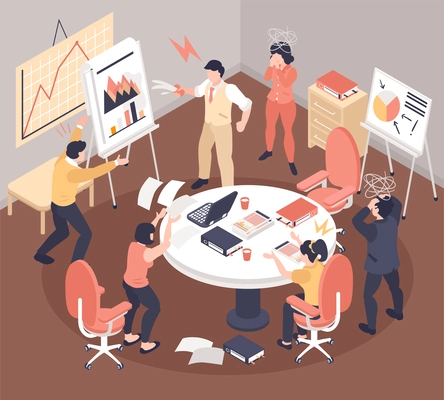 Isometric team conflict concept with business people arguing during presentation