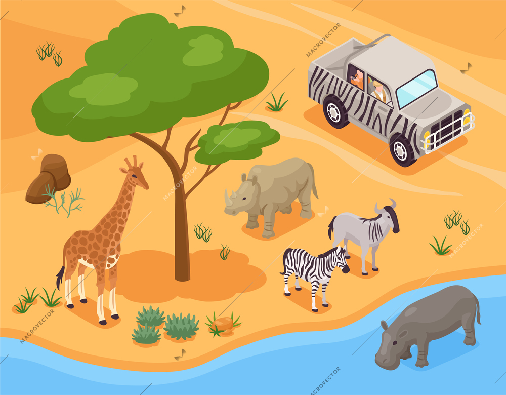 Isometric photo safari concept with wild animals and tourist in travel vehicle vector illustration