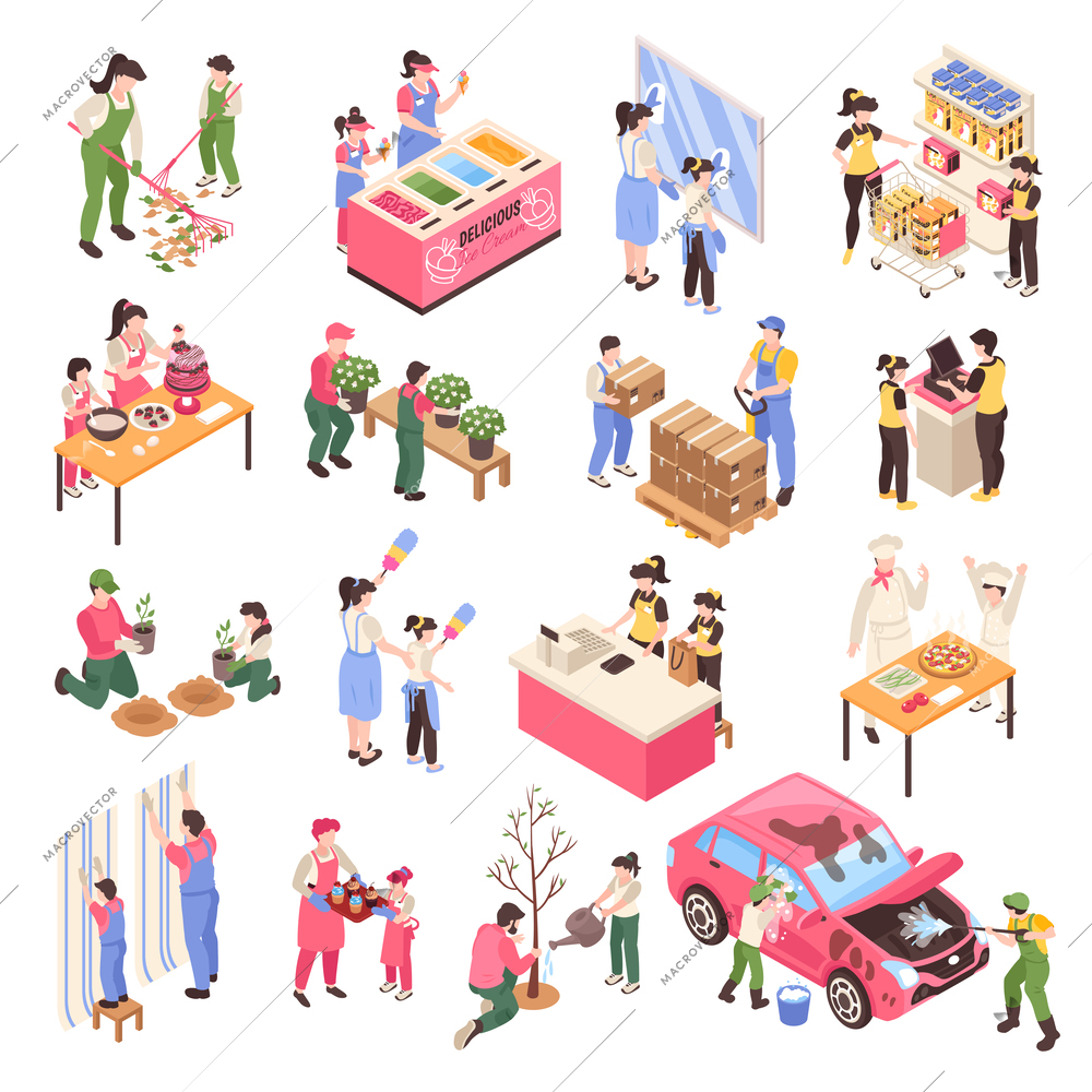 Isometric teenagers icons set with young people working in local stores on practice or internship isolated vector illustration