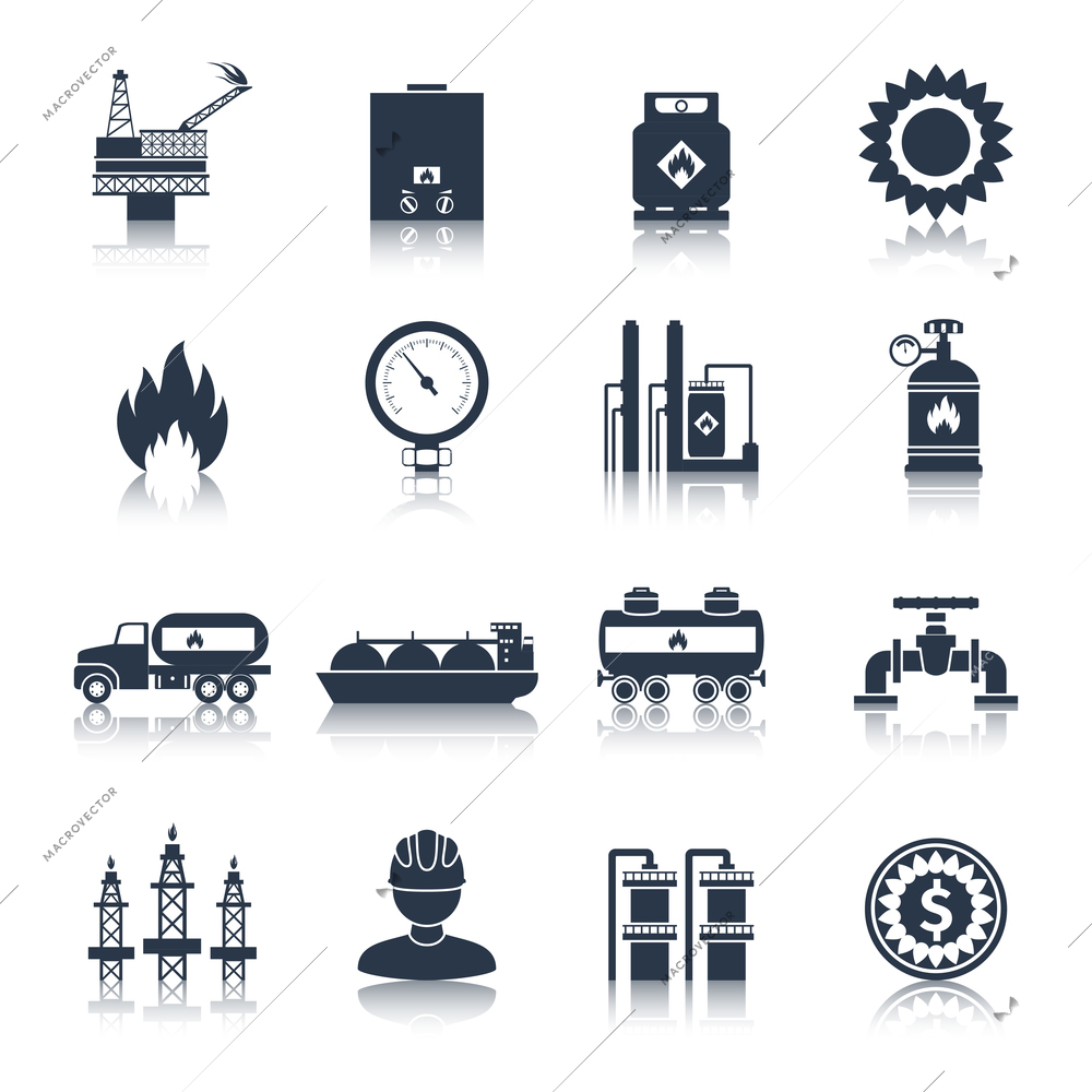 Gas icons black with flame plant storage extraction isolated vector illustration