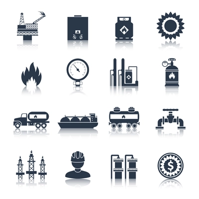 Gas icons black with flame plant storage extraction isolated vector illustration