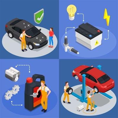 Car service 2x2 isometric design concept set of four square compositions illustrated inspection maintenance tire service vector illustration