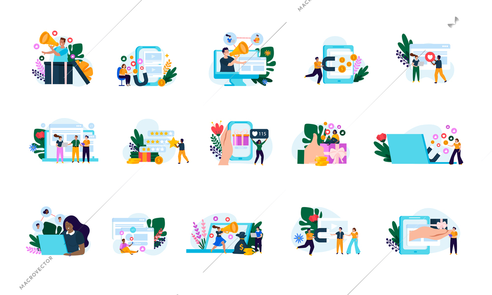 Referral program flat colored icon set abstract situations referral program in a smartphone tablet or laptop vector illustration