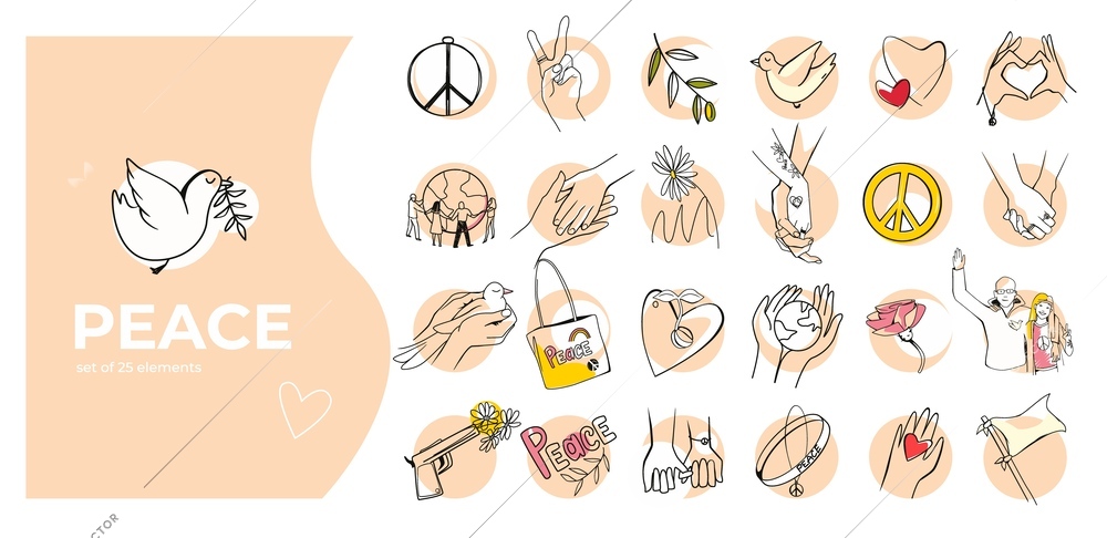 Peace flat hand drawn composition with white pigeon and different isolated symbols and sings vector illustration