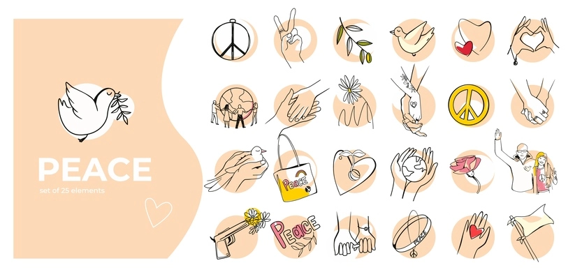 Peace flat hand drawn composition with white pigeon and different isolated symbols and sings vector illustration
