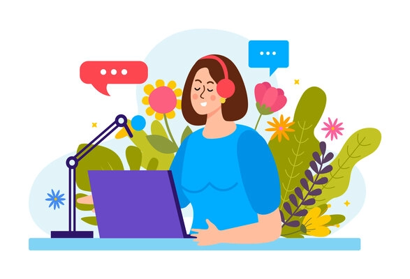 Female podcaster with headphones microphone laptop recording podcast on background with flowers flat vector illustration