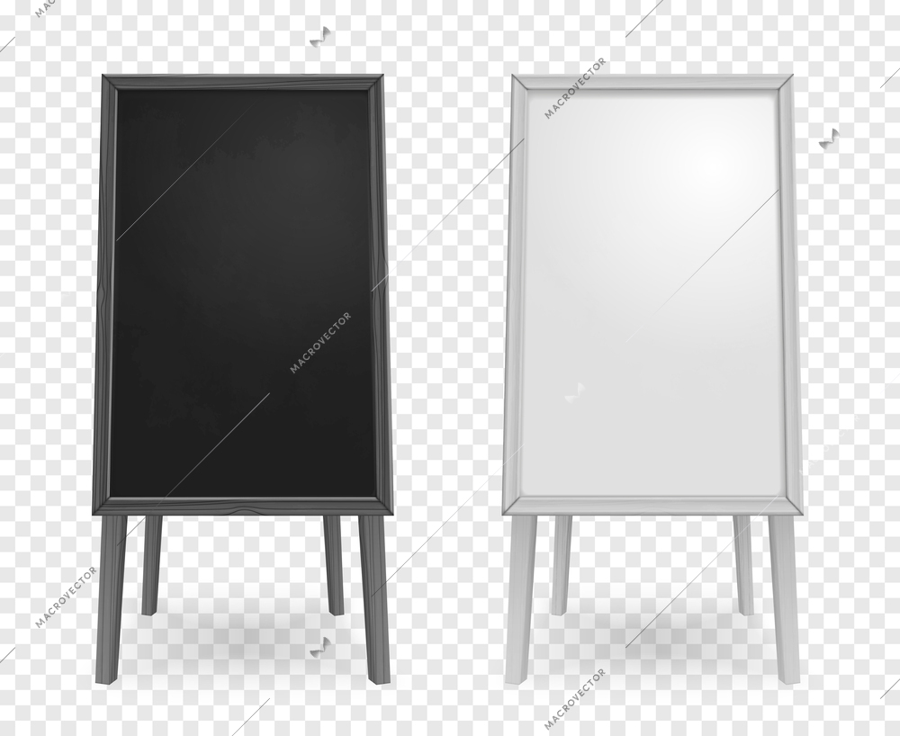 Realistic boards for education on four legs with black and white blank screens on transparent background isolated vector illustration