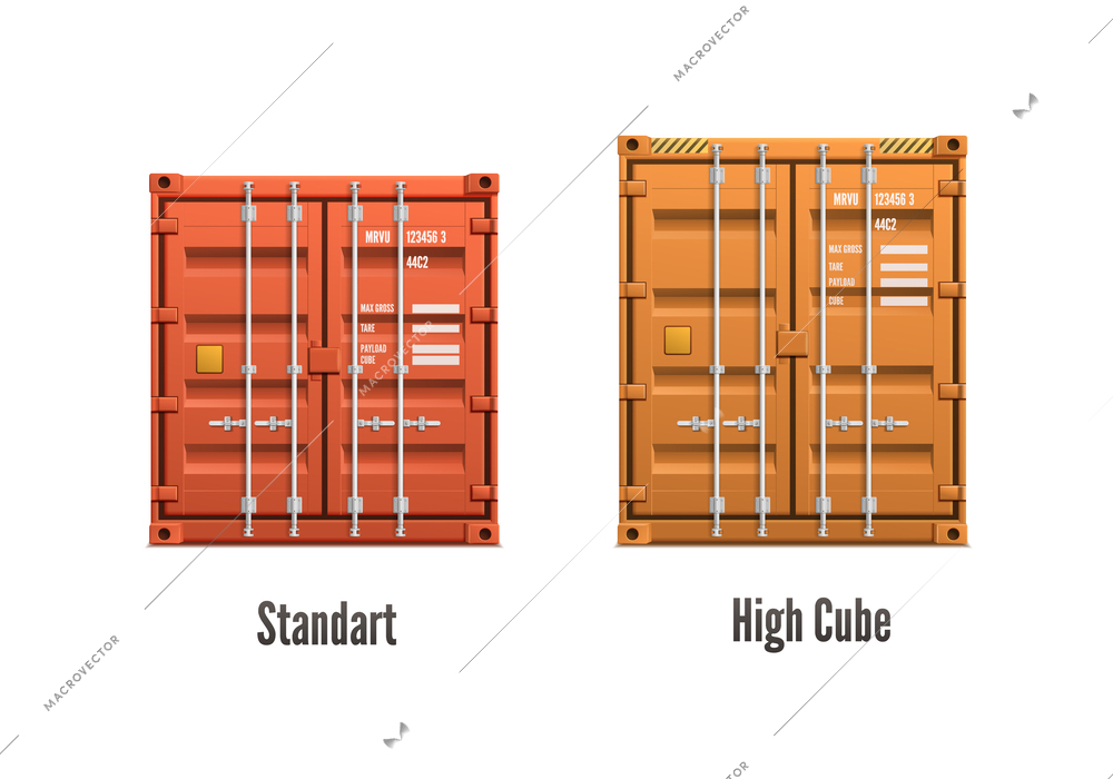 Two isolated realistic cargo containers of different colour and size with captions vector illustration