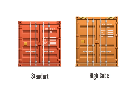 Two isolated realistic cargo containers of different colour and size with captions vector illustration