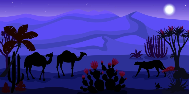 Moonlit night in desert cartoon composition with camels and leopards silhouettes at purple dunes background flat vector illustration