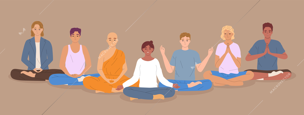 Mindfullness flat concept with group meditation in lotus pose vector illustration