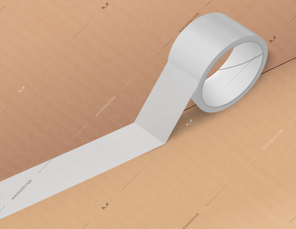 Duct tape mockup realistic composition with view of package cover and roll of silver scotch tape vector illustration