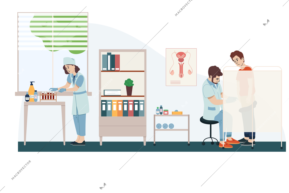 Man urology flat composition with doctors office scenery and human characters of medical specialists examining patient vector illustration