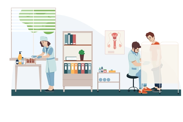 Man urology flat composition with doctors office scenery and human characters of medical specialists examining patient vector illustration