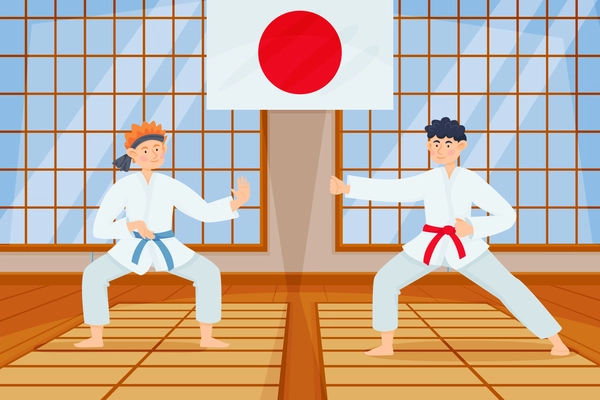Fighters flat composition with indoor scenery and karate warriors wearing kimono suits with flag of japan vector illustration