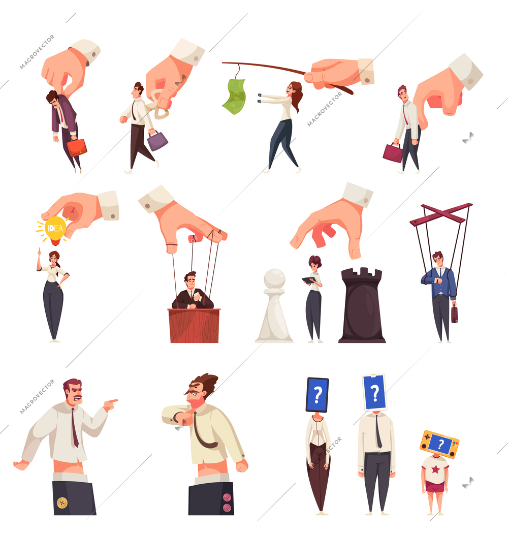 Manipulation cartoon set of people manipulated by puppeteer with financial motivation or abuse of power isolated vector illustration