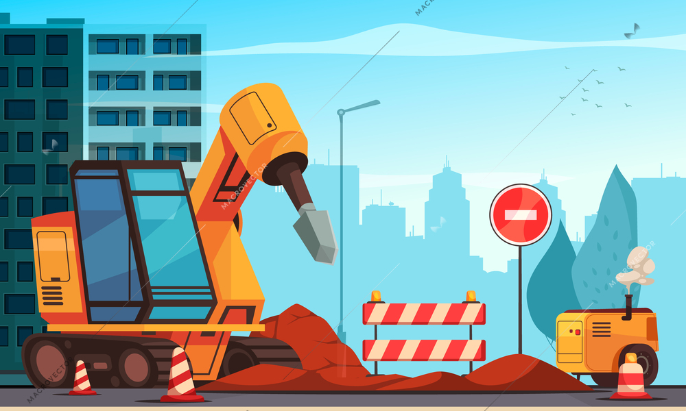 Road repair urban background with modern special machinery on blocked roadway cartoon vector illustration
