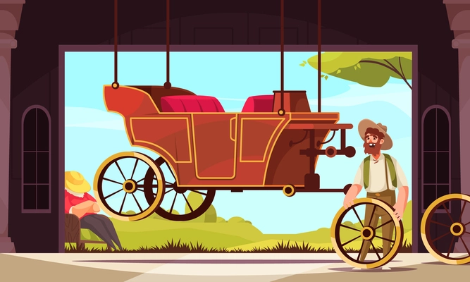 Horse drawn vehicle cartoon poster with artisan replacing broken carriage wheel flat vector illustration