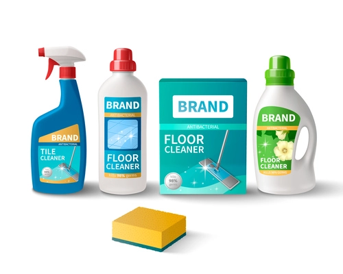 Household cleaning products realistic composition with detergent containers and sponge vector illustration