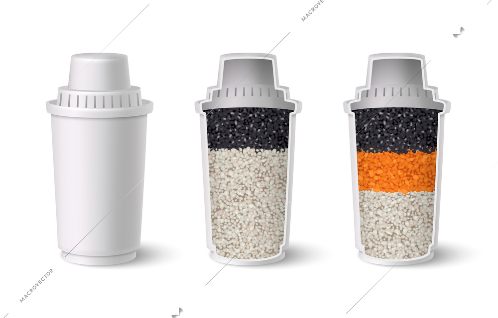 Water filter realistic set with mineral and charcoal filling isolated vector illustration