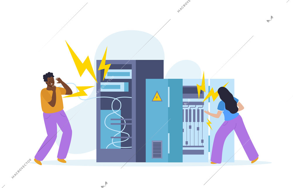 Workplace safety flat concept with two employees getting electric shock at work vector illustration