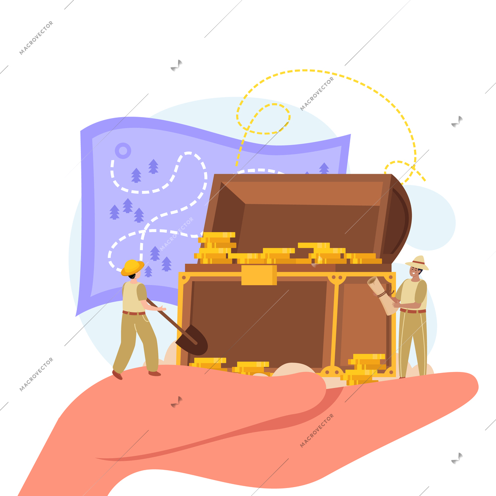Treasure hunt flat concept with human hand holding chest with gold coins map and two human characters vector illustration