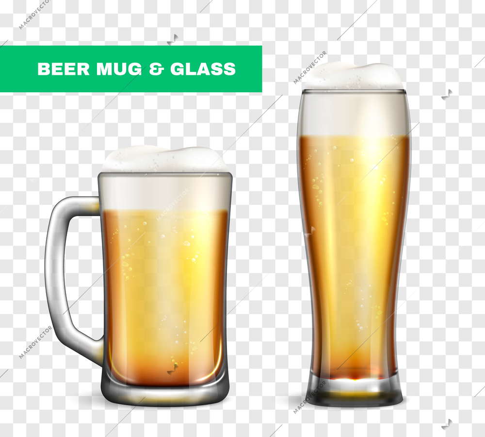 Realistic beer mug glass icon set two different glasses with and without a handle and filled with beer vector illustration