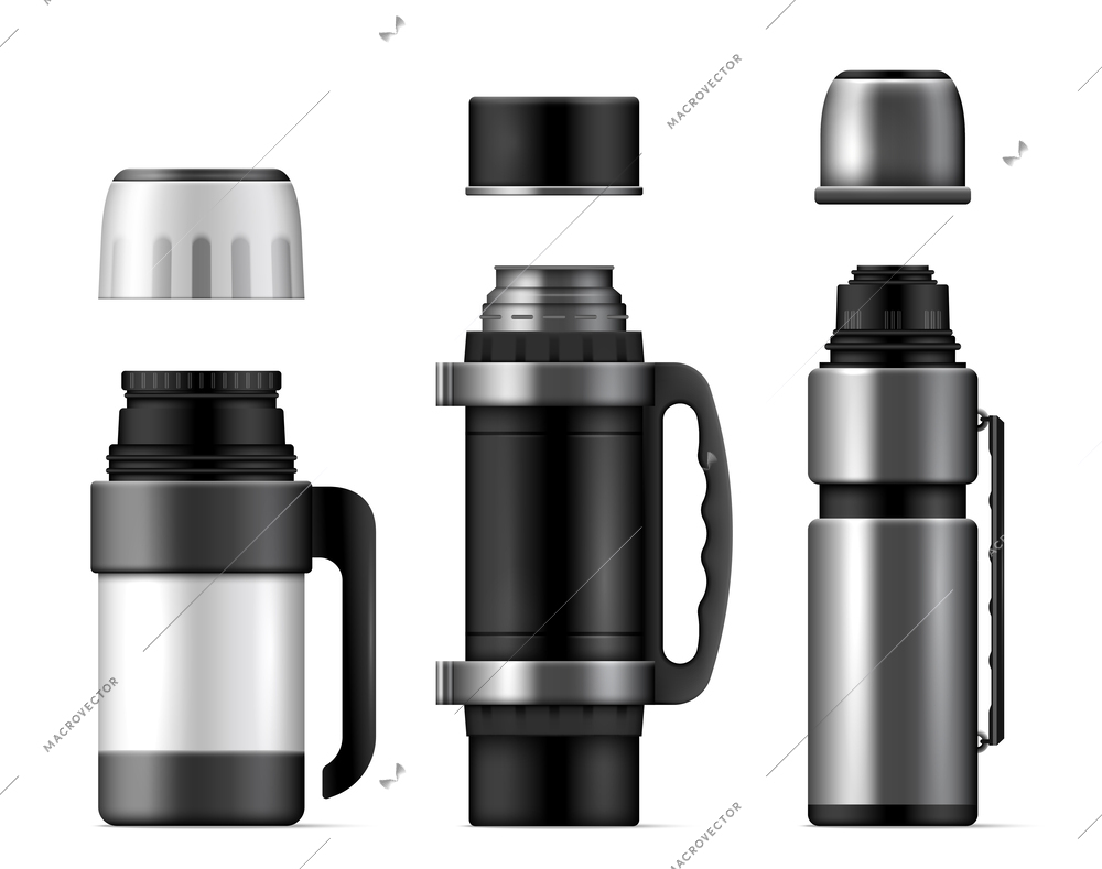 Realistic thermos cup icon set three thermoses of different sizes with opening lids vector illustration