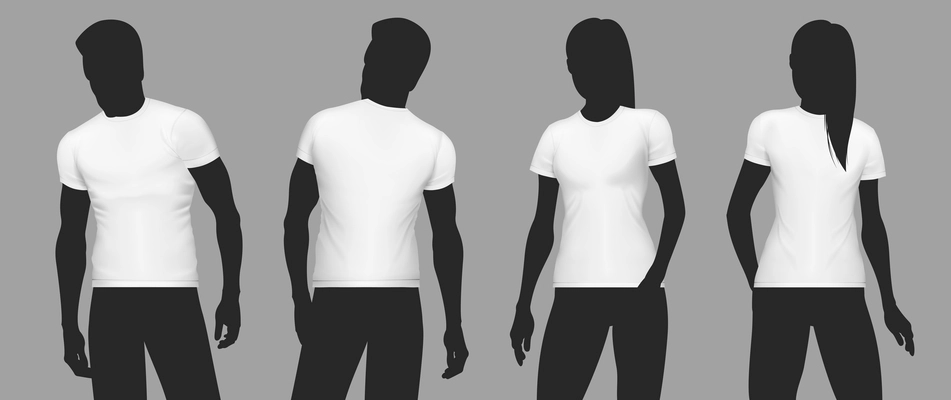 Realistic t shirt mockup silhouette icon set white t shirts worn by male and female models vector illustration