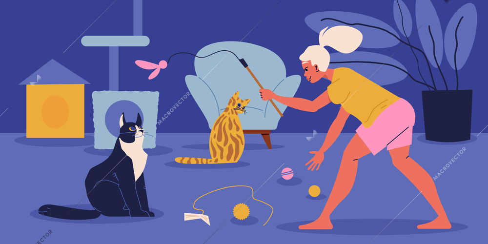 Cats lovers with playing and care symbols flat  vector illustration