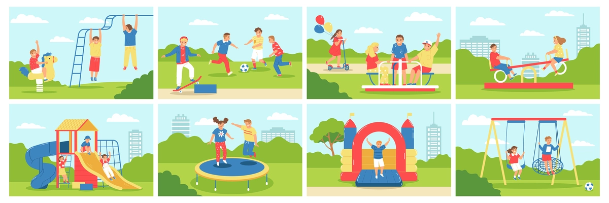 Children playground color icon set children run, crawl around the playground ride the swings carousel and jump on the trampoline vector illustration