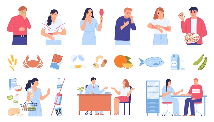 Food allergens allergy icon set types of allergies such as nausea skin rash abdominal pain cough urticaria and products that cause allergic reactions vector illustration