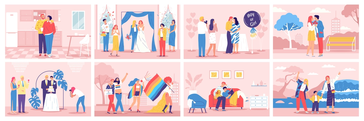 lgbt composition set vector scenes from the lives of homosexual couples of women and men  illustration