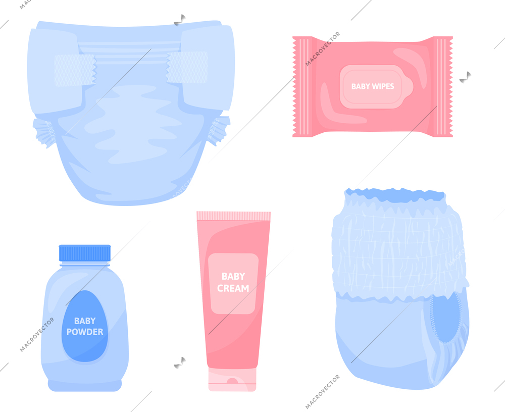 Baby diaper flat set with isolated images of fresh and used diapers powder cream and wipes vector illustration