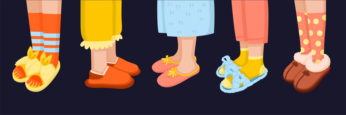Human legs in soft house slippers of different style and color flat set isolated against black background vector illustration