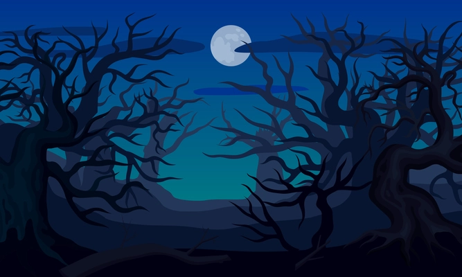 Flat spooky night landscape background with leafless trees and full moon vector illustration