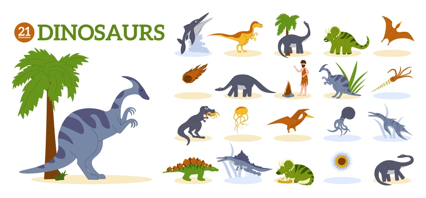 Dinosaur flat composition with different representatives of inhabitants of ancient eras cartoon vector illustration