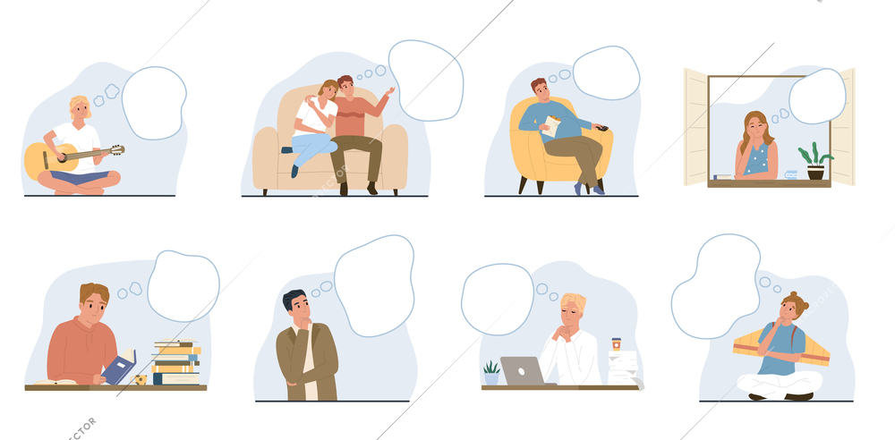 Dreams dreaming people flat icon set man playing guitar couple sitting on the couch girl standing by the window man reading a book guy and girl thinking vector illustration