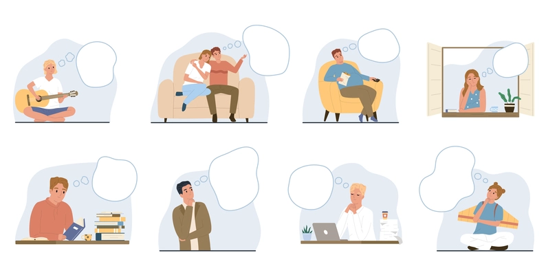 Dreams dreaming people flat icon set man playing guitar couple sitting on the couch girl standing by the window man reading a book guy and girl thinking vector illustration