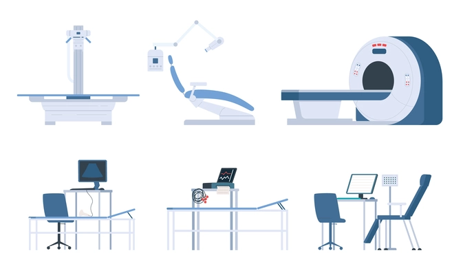 Medical diagnosis equipment flat icon set diagnostic medical devices ct mri ultrasound ecg vector illustration