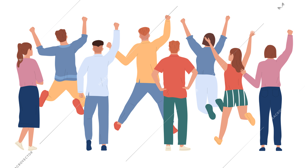 Flat cheering people composition group of people men and women cheering and bouncing  vector illustration