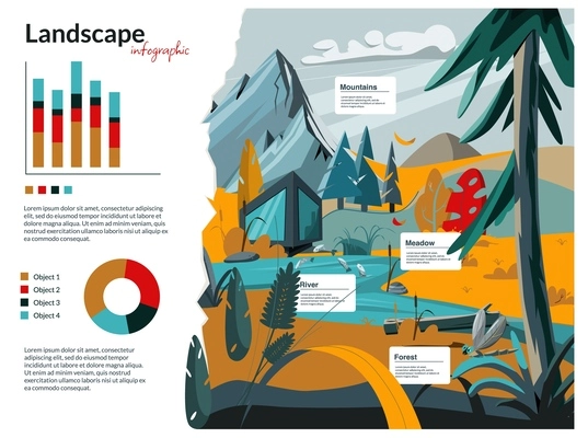 Landscape nature flat infographic composition with outdoor wild scenery with text captions and graph bar charts vector illustration