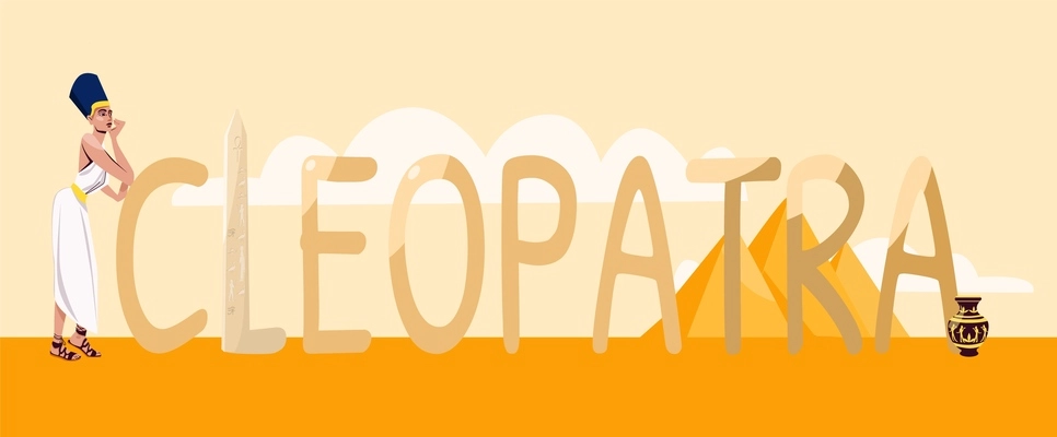 Cleopatra flat text with big letters on ancient pyramids background vector illustration