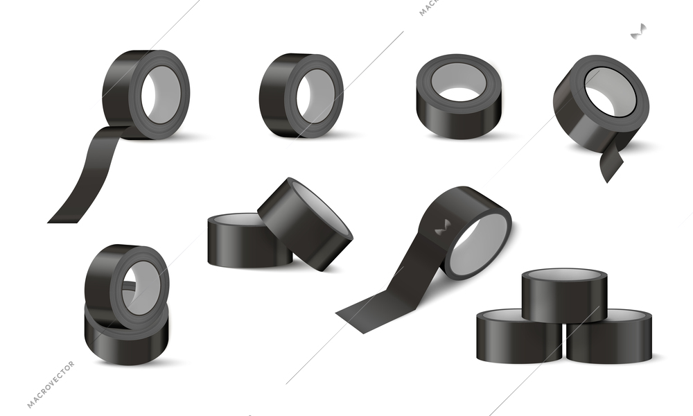 Black duct tape mockup realistic set of isolated tape rolls of grey color on blank background vector illustration
